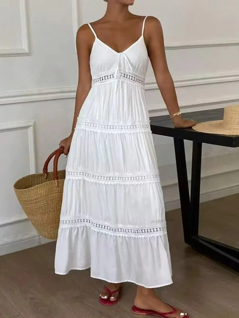 New Flowy Lace Trimmed Tiered Long Cami Dress White - Picture 7 of 9